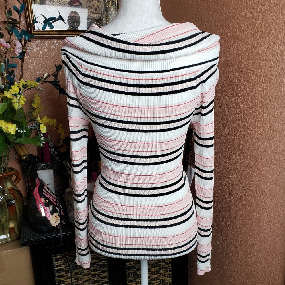White House Black Market Off-Shoulder Striped Top - Black, White, Pink - Picture 3 of 3